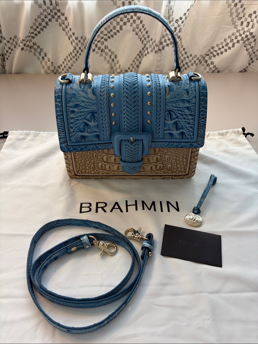 Brahmin Hallie Satchel Blue & Tan Leather Top-Handle Bag